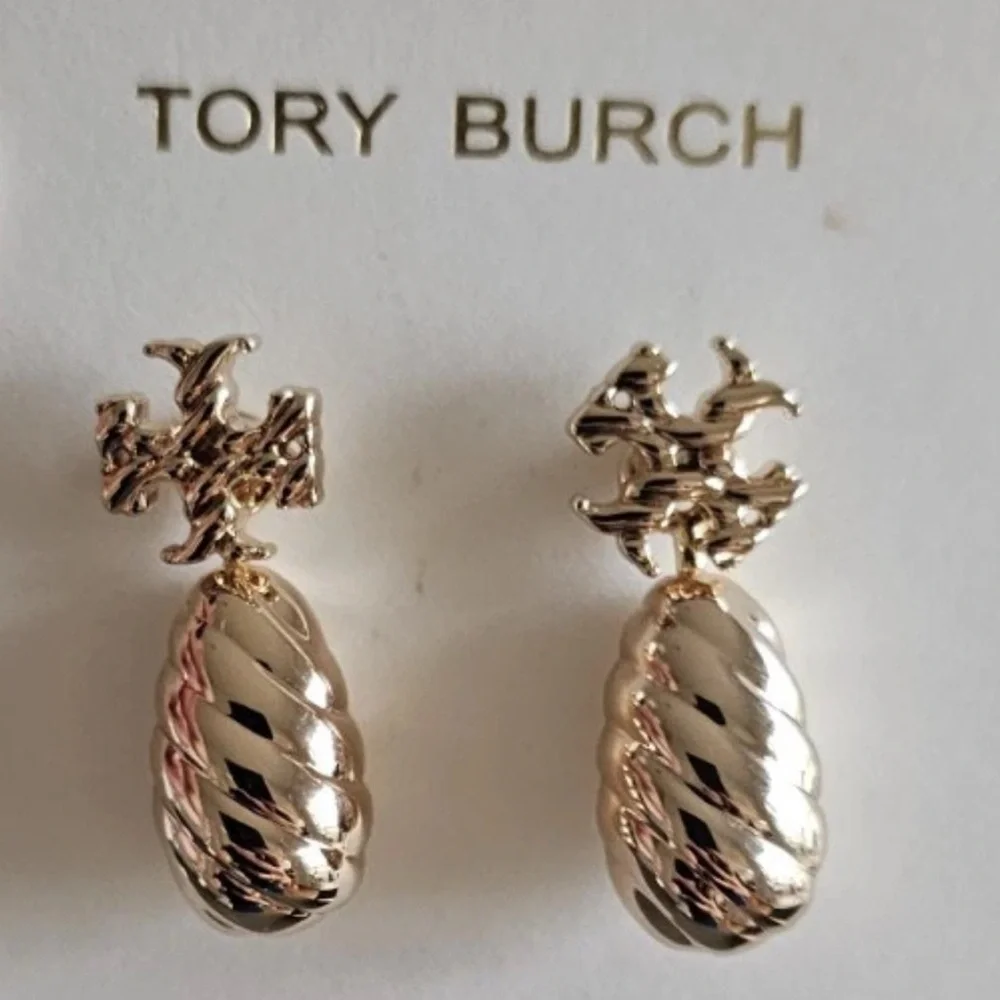NWT Authentic Tory Burch Textured Rope Front Back Drop Earrings Shiny Gold